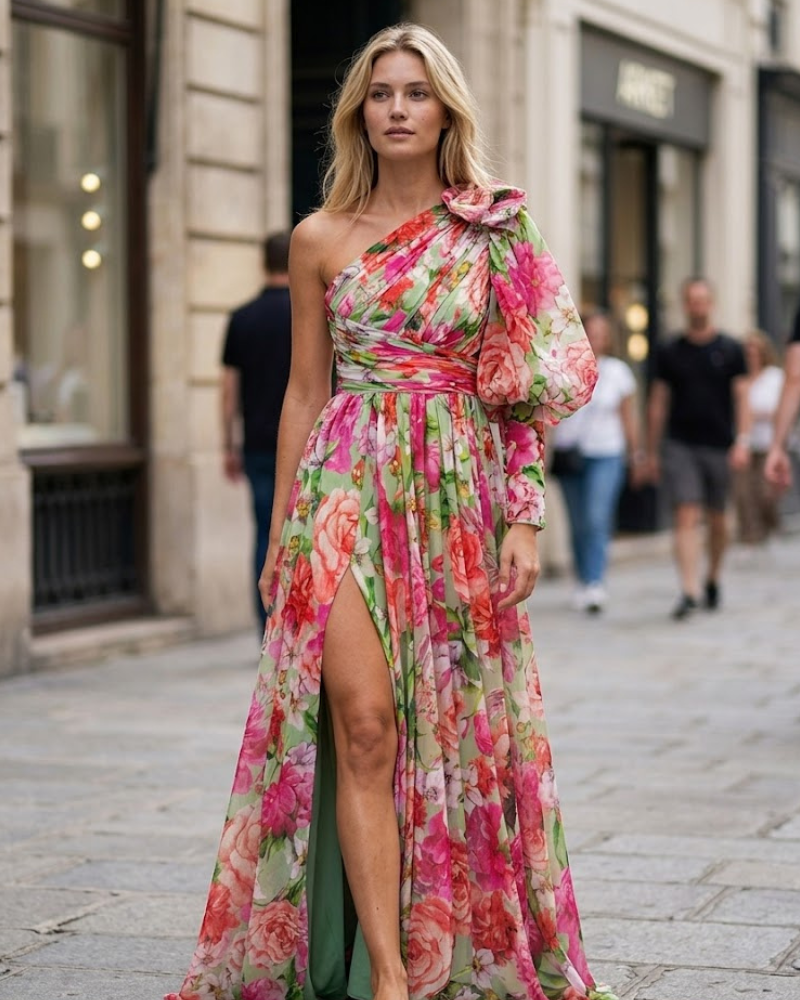 Rossana Abito Maxi Donna – Abito Floreale Monospalla, Volant e Spacco Elegante
