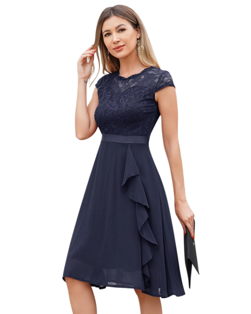 Rochie cocktail Roxy pentru femei – Rochie midi elegantă din dantelă și chiffon cu volane