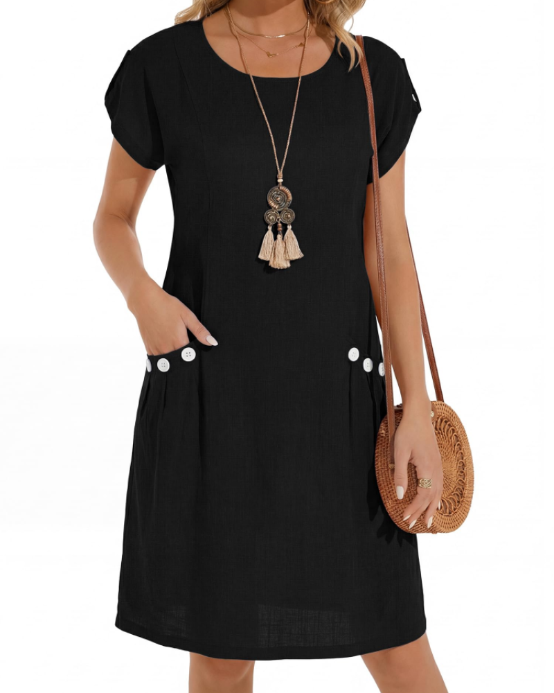 Rochie Joyce Robe Lin Femme – Rochie Midi A-Line cu Guler Rotund și Buzunare, Vară, Casual