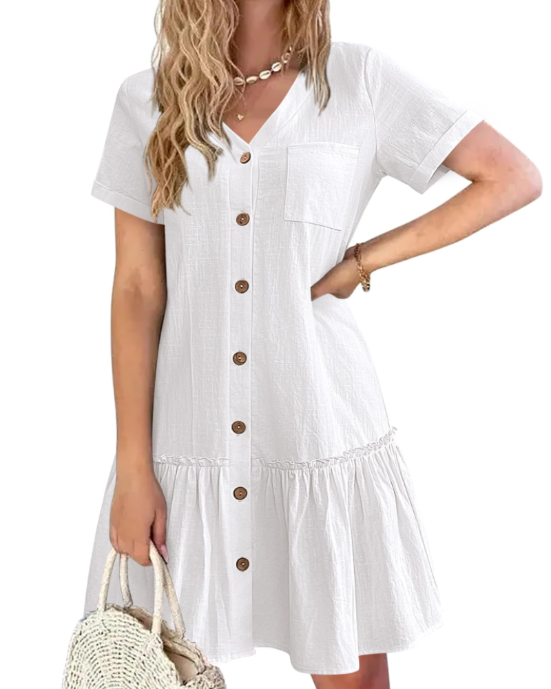 Marlowe Women’s Summer Dress – Linen Cotton Dress with V-Neck, Button Front, A-Line Cut, and Pocket