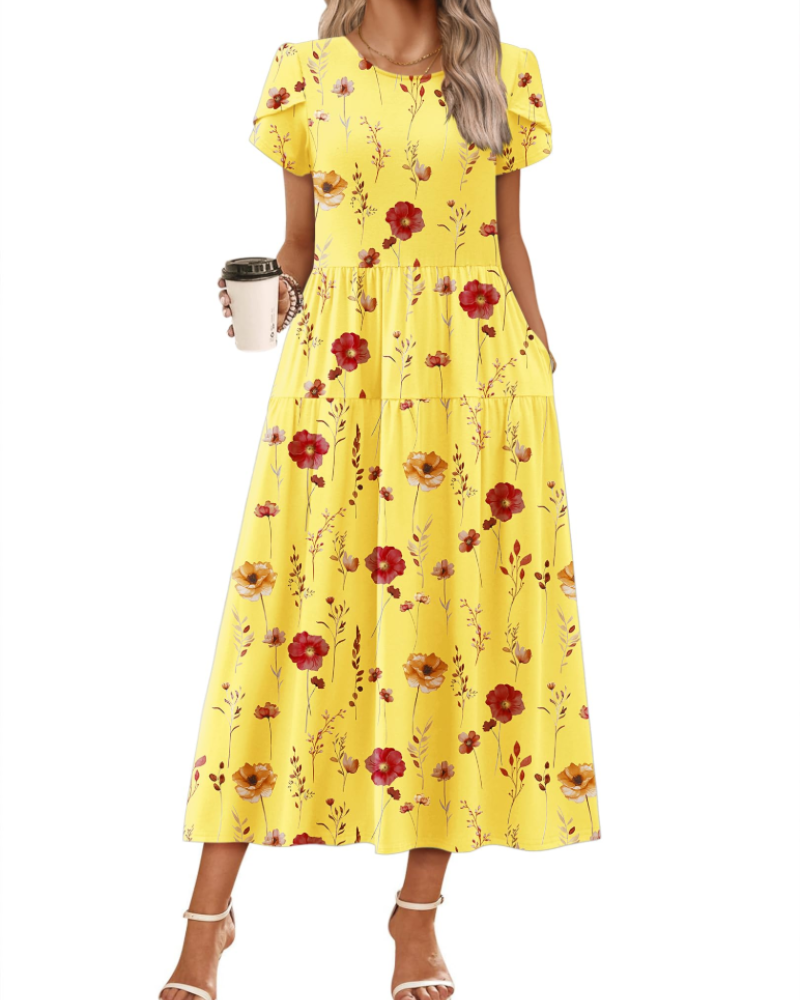 Nélyane Robe Maxi Femme – Robe Fluide Trapèze à Taille Haute avec Poches