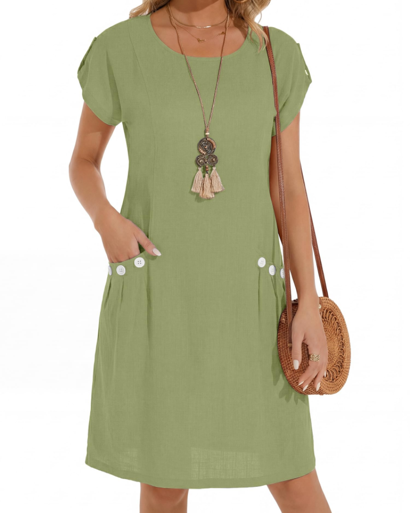 Rochie Joyce Robe Lin Femme – Rochie Midi A-Line cu Guler Rotund și Buzunare, Vară, Casual