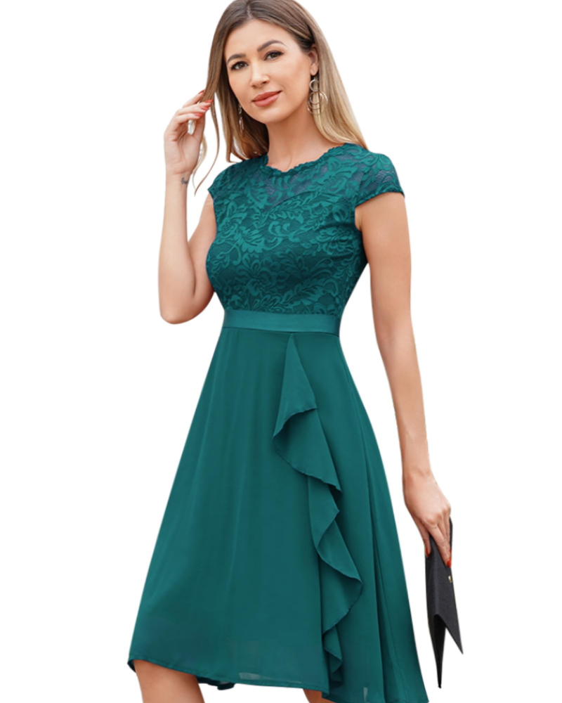 Rochie cocktail Roxy pentru femei – Rochie midi elegantă din dantelă și chiffon cu volane