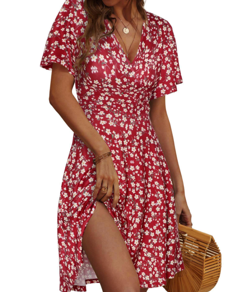 Kelsey Midikleid mit Blumenmuster für Damen – Wickelkleid mit V-Ausschnitt, hoher Taille und Volantärmeln
