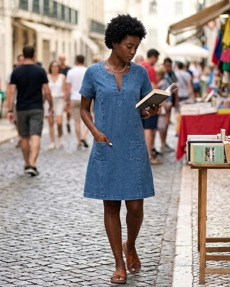 Vestito Peyton in denim da donna – vestito corto con scollo a V, taglio svasato, maniche corte e tasche