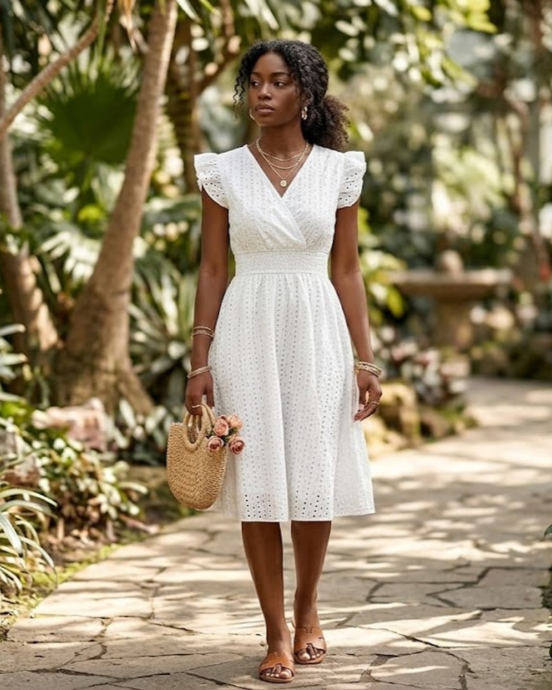 Tinsley Robe Midi Femme en Coton – Col V Dentelle Ajourée Taille Haute Coupe Trapèze