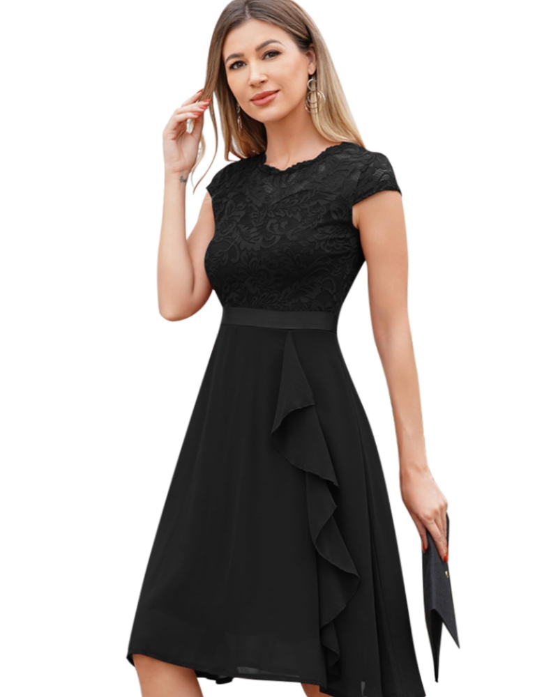 Rochie cocktail Roxy pentru femei – Rochie midi elegantă din dantelă și chiffon cu volane