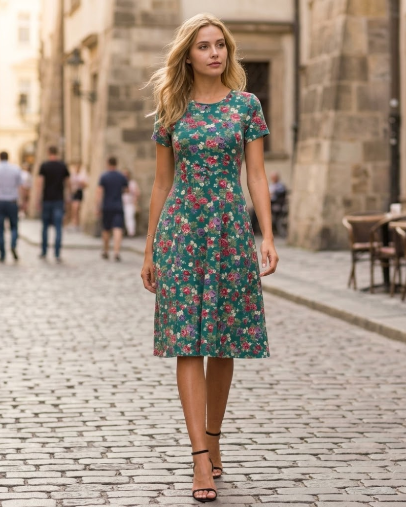 Rochie midi cu flori pentru femei Léonie – rochie evazată cu mâneci scurte și guler rotund, de vară