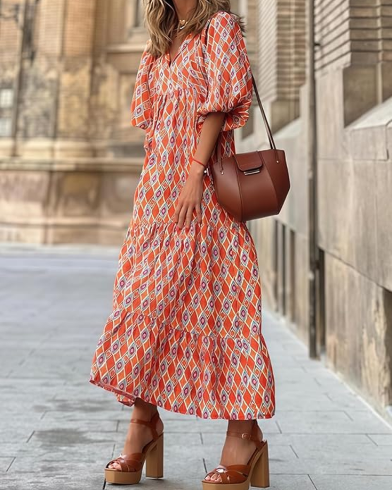 Ρόμπα Rina Boho Femme – Φλοράλ Σχέδιο, V Λαιμόκοψη & Αέρινες Φουσκωτές Μανίκες Καλοκαίρι