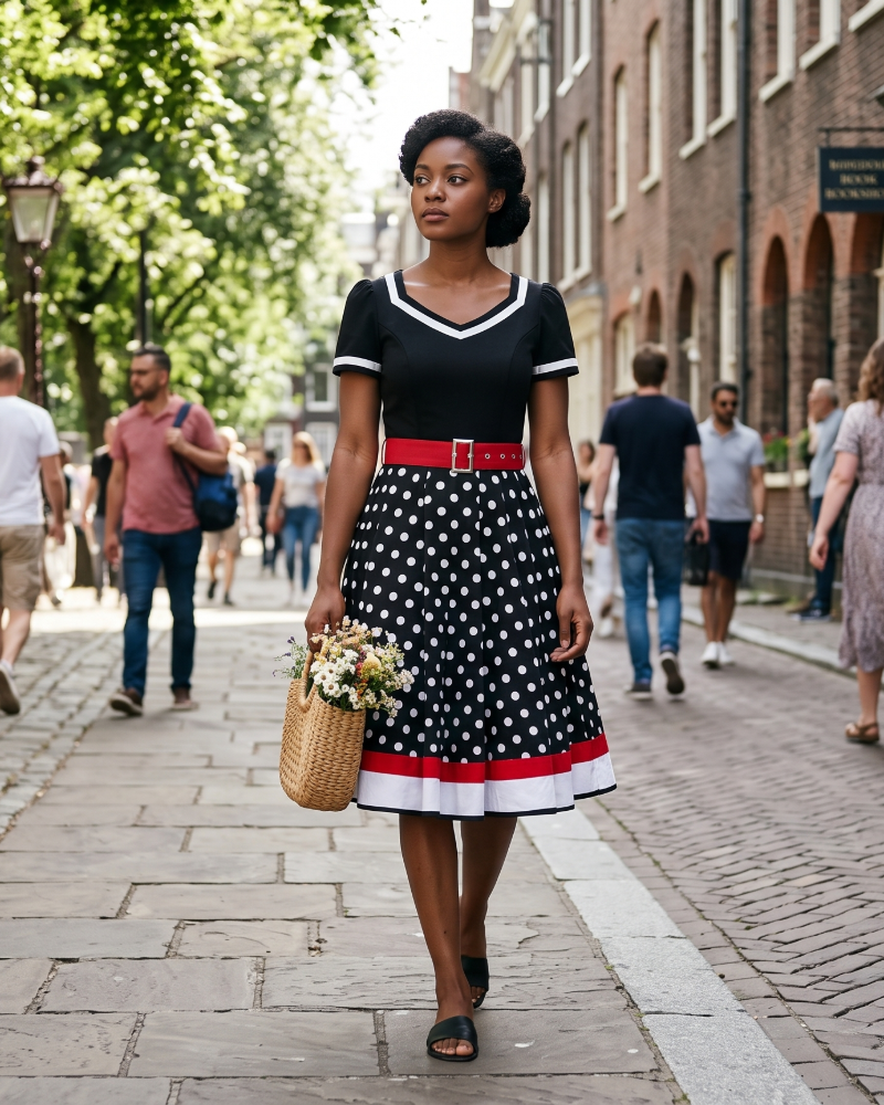 Vestido femenino estilo pin-up Whitney de los años 50 – vestido rockabilly de lunares con escote corazón y cinturón