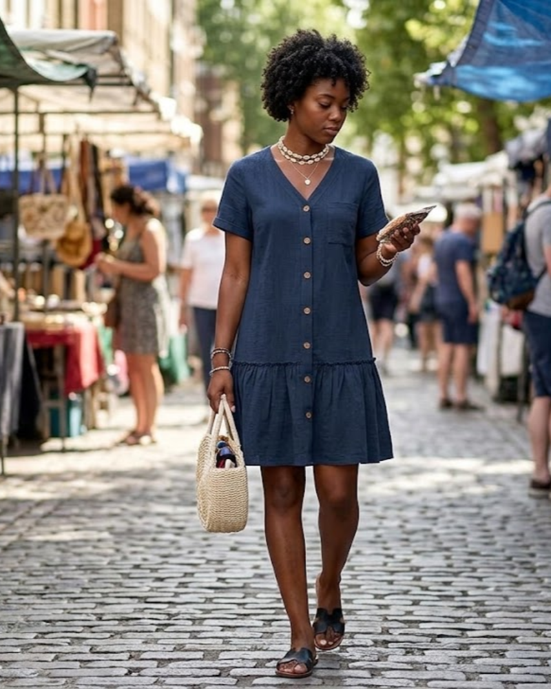 Marlowe Women’s Summer Dress – Linen Cotton Dress with V-Neck, Button Front, A-Line Cut, and Pocket