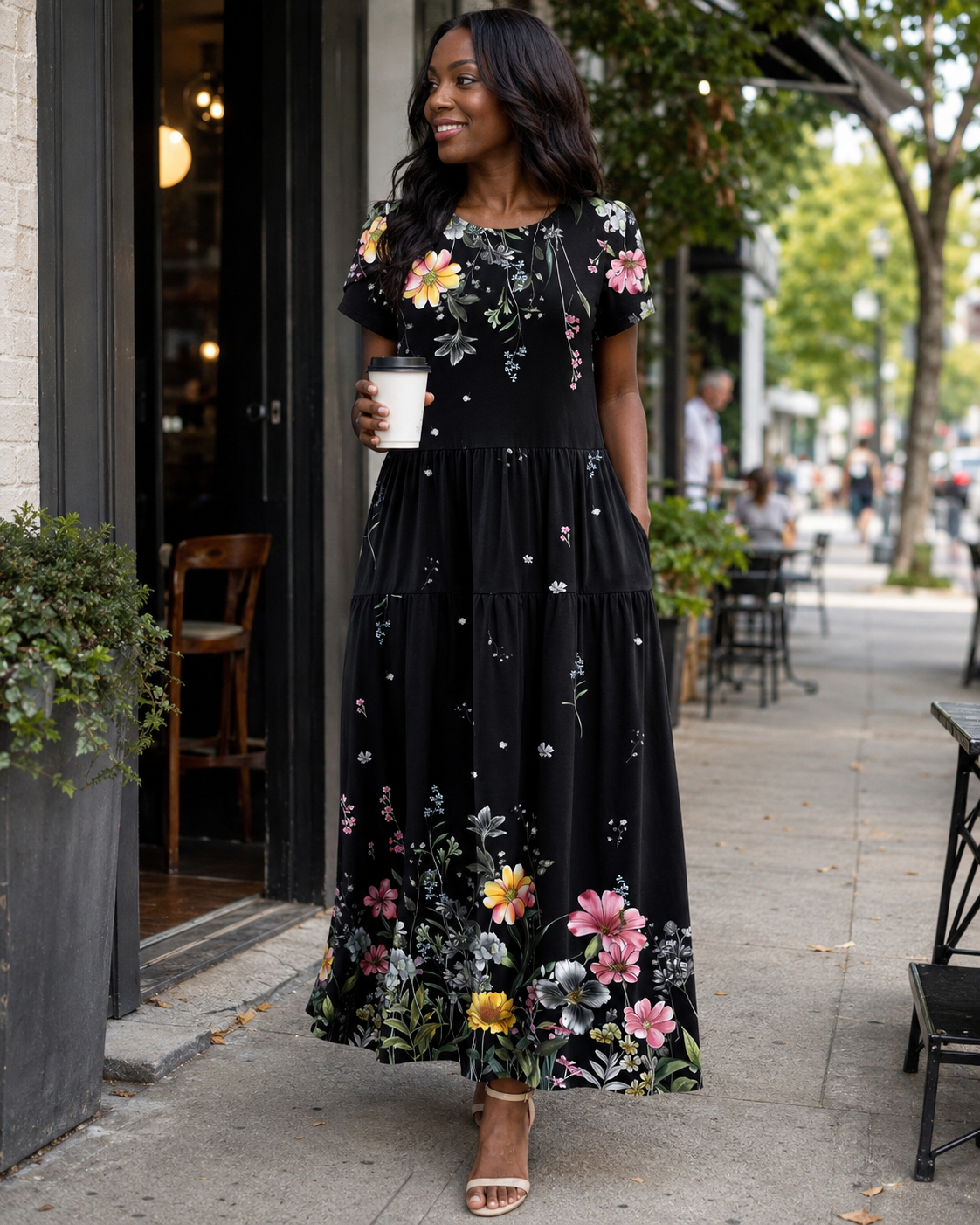 Nélyane Robe Maxi Femme – Robe Fluide Trapèze à Taille Haute avec Poches