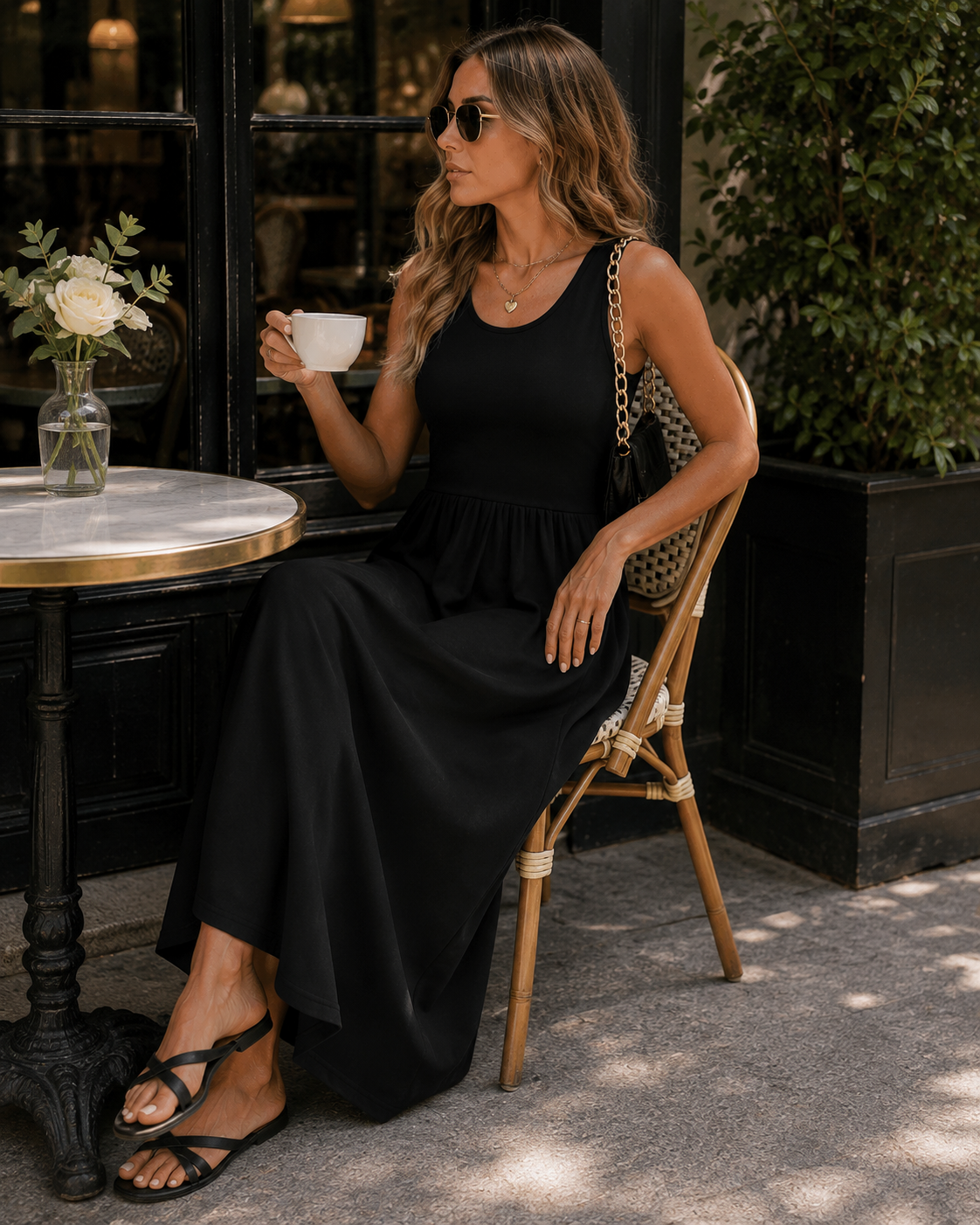 Lina Damenkleid – Maxikleid mit Blumenmuster, Boho-Stil, Rundhalsausschnitt, Ärmellos, Taschen, Sommer