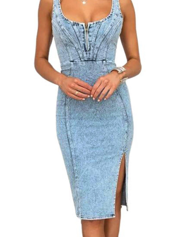 Vestido Midi Justo Maisie para Mulher em Ganga – Alças Ajustáveis e Fenda