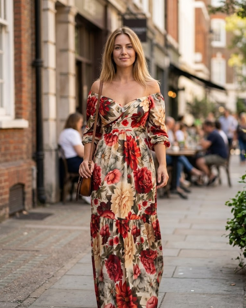 Rosalie Maxi Dress for Women – Floral Dress with Bare Shoulders, Ruffled Skirt & Romantic Style