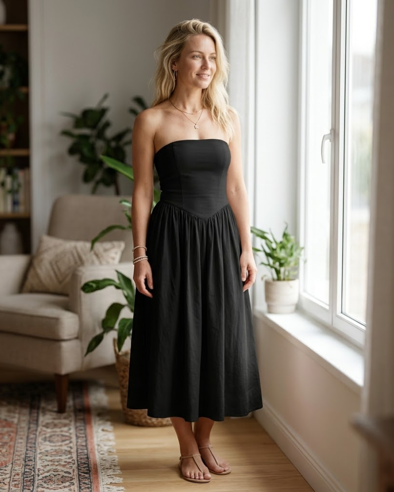 Rochie Midi Lina pentru Femei – Rochie Bustieră fără Mâneci cu Talie Joasă, Croială A-Line, Vară Chic