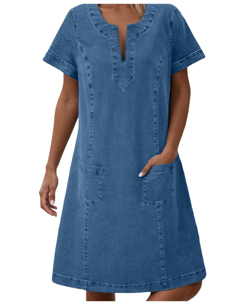 Vestito Peyton in denim da donna – vestito corto con scollo a V, taglio svasato, maniche corte e tasche