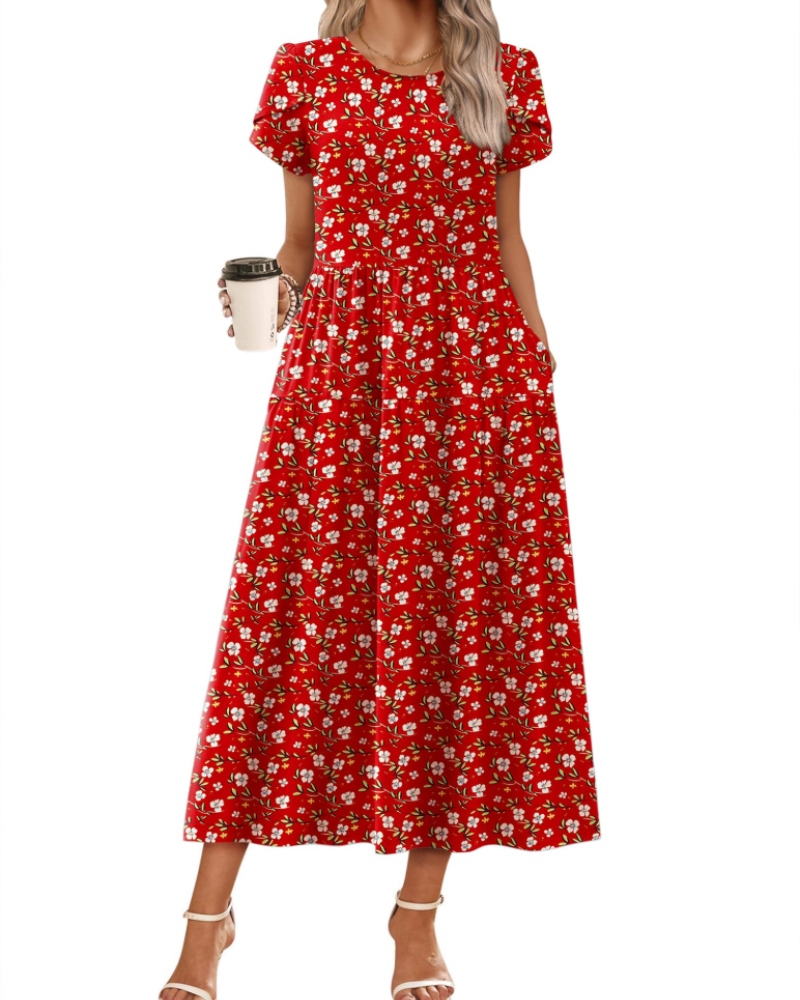 Nélyane Robe Maxi Femme – Robe Fluide Trapèze à Taille Haute avec Poches
