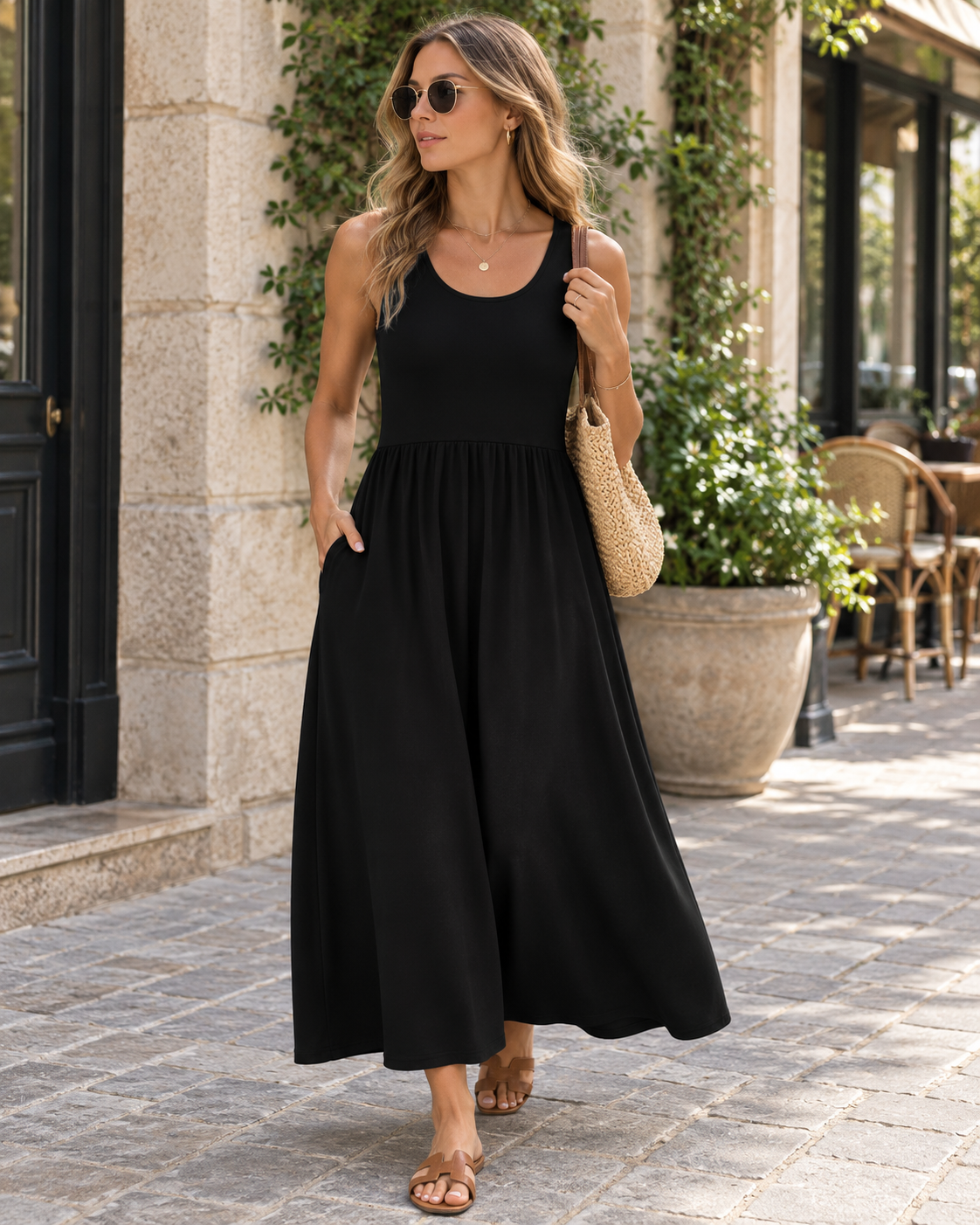 Lina Damenkleid – Maxikleid mit Blumenmuster, Boho-Stil, Rundhalsausschnitt, Ärmellos, Taschen, Sommer