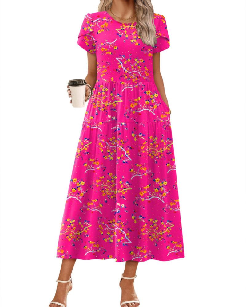 Nélyane Robe Maxi Femme – Robe Fluide Trapèze à Taille Haute avec Poches