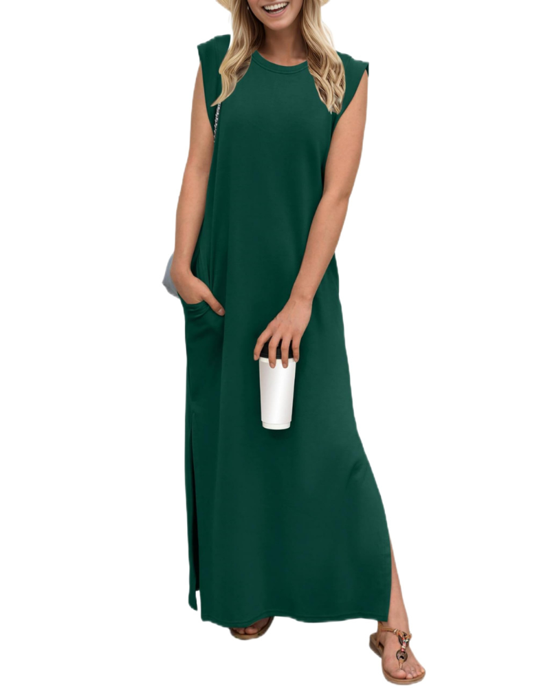 Vestito lungo estivo da donna Erin – senza maniche, collo tondo, spacco e tasche