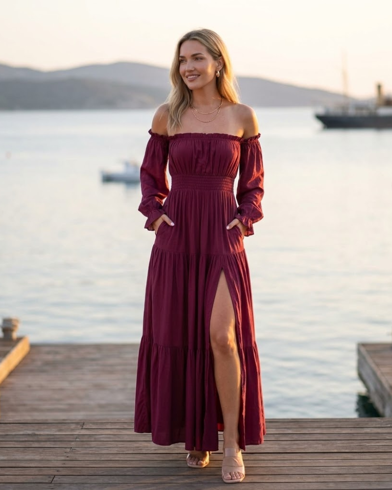Sophie Vestito Maxi Donna – Vestito Bohemien Spalle Scoperte Spacco Vita Arricciata