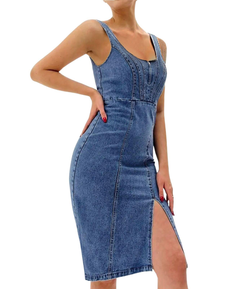 Vestido Midi Justo Maisie para Mulher em Ganga – Alças Ajustáveis e Fenda