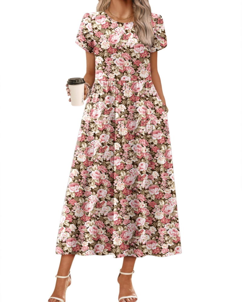 Nélyane Robe Maxi Femme – Robe Fluide Trapèze à Taille Haute avec Poches