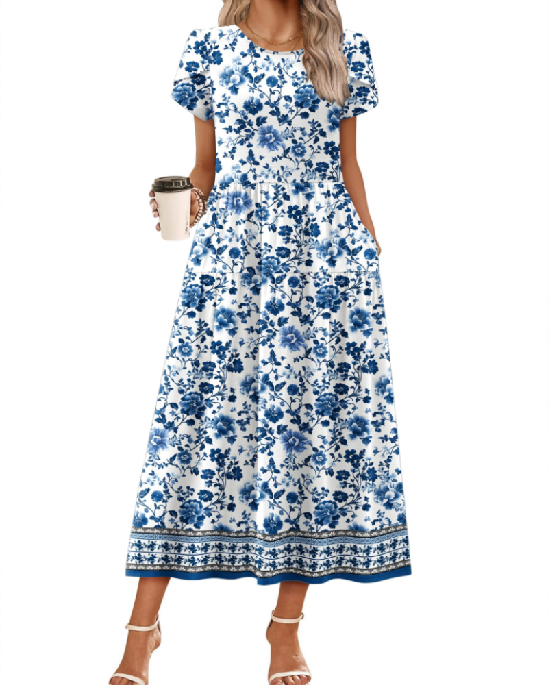 Nélyane Robe Maxi Femme – Robe Fluide Trapèze à Taille Haute avec Poches