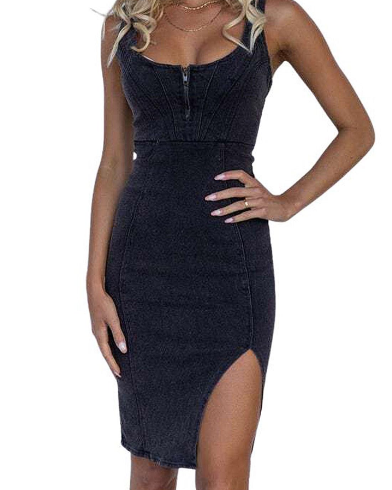 Vestido Midi Justo Maisie para Mulher em Ganga – Alças Ajustáveis e Fenda