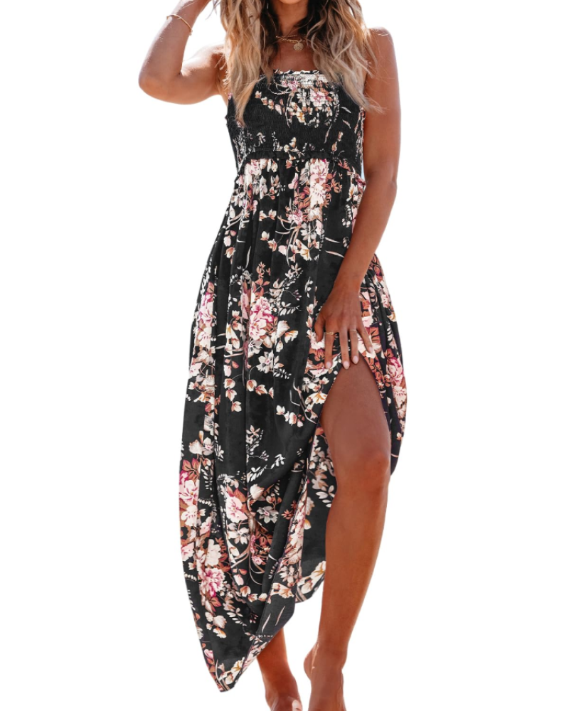 Jheda Abito Lungo Donna – Abito Maxi Floreale Arricciato Spalline Sottili Volant Boho Chic Estate