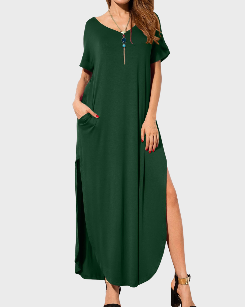 Rosenda Damen Maxikleid – V-Ausschnitt, Kurzarm, Fließender Schnitt & Schlitz mit Taschen Sommer