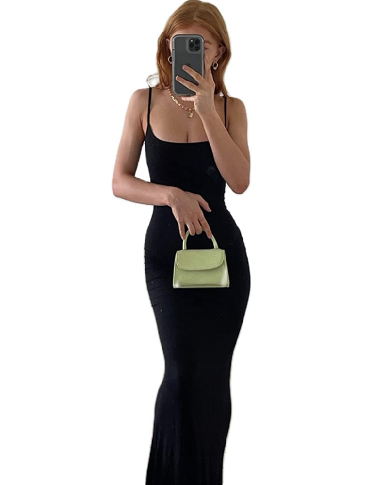 Aled Robe Femme – Bodycon Maxi Col V Bretelles Fines, Coupe Moulante Élégante Soirée
