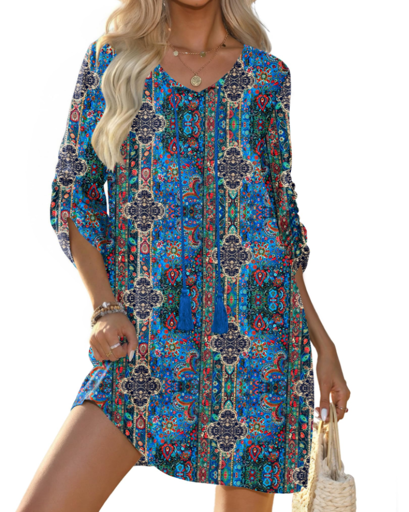 Cella Robe Bohème Femme – сукня-туніка з квітковим принтом, V-подібний виріз, рукави 3/4 та вільний крій
