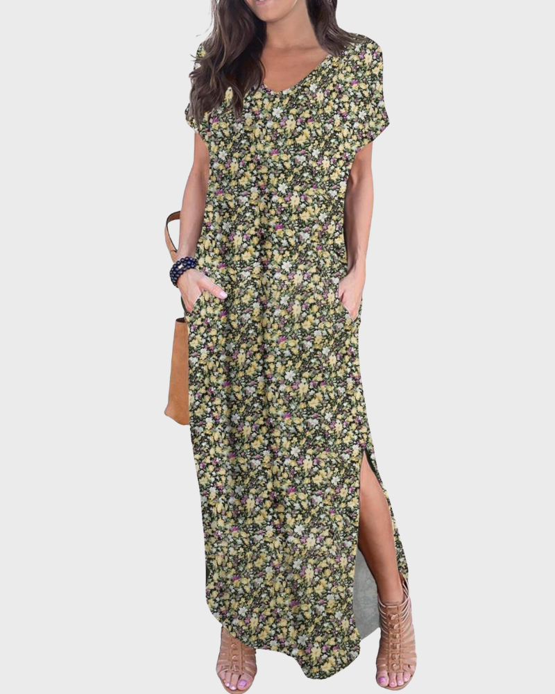 Rosenda Damen Maxikleid – V-Ausschnitt, Kurzarm, Fließender Schnitt & Schlitz mit Taschen Sommer