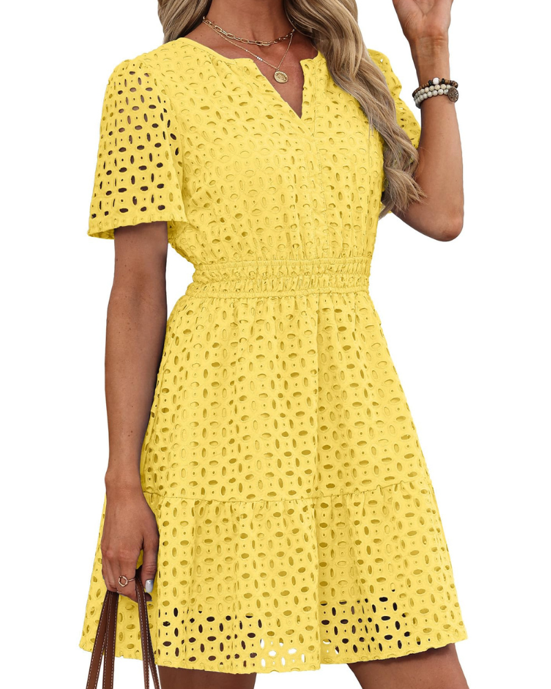 Robe Hedwig Mulher – Decote em V com Renda Bordada, Mangas Curtas & Corte Mini Cintura Alta Verão
