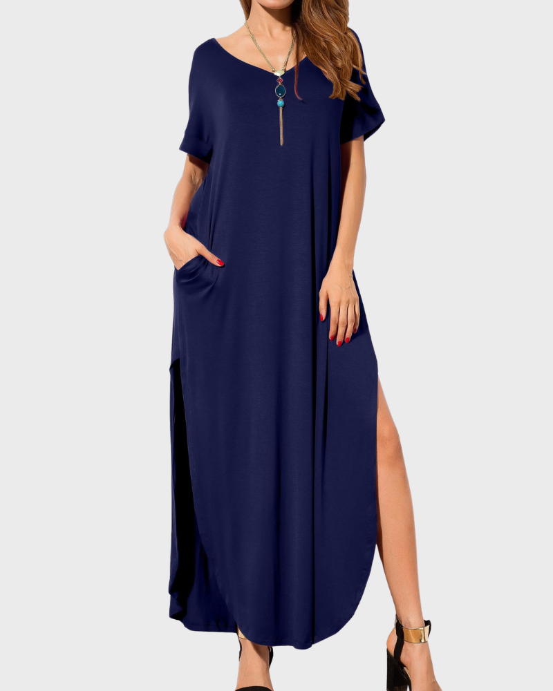 Rosenda Damen Maxikleid – V-Ausschnitt, Kurzarm, Fließender Schnitt & Schlitz mit Taschen Sommer