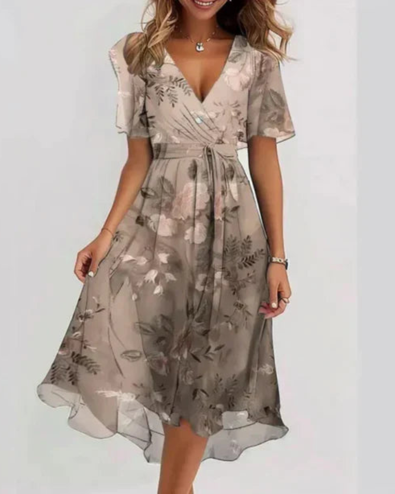Vernelia Midikleid Damen – Blumige Chiffonkleid mit V-Ausschnitt, A-Linien-Schnitt & Eleganz