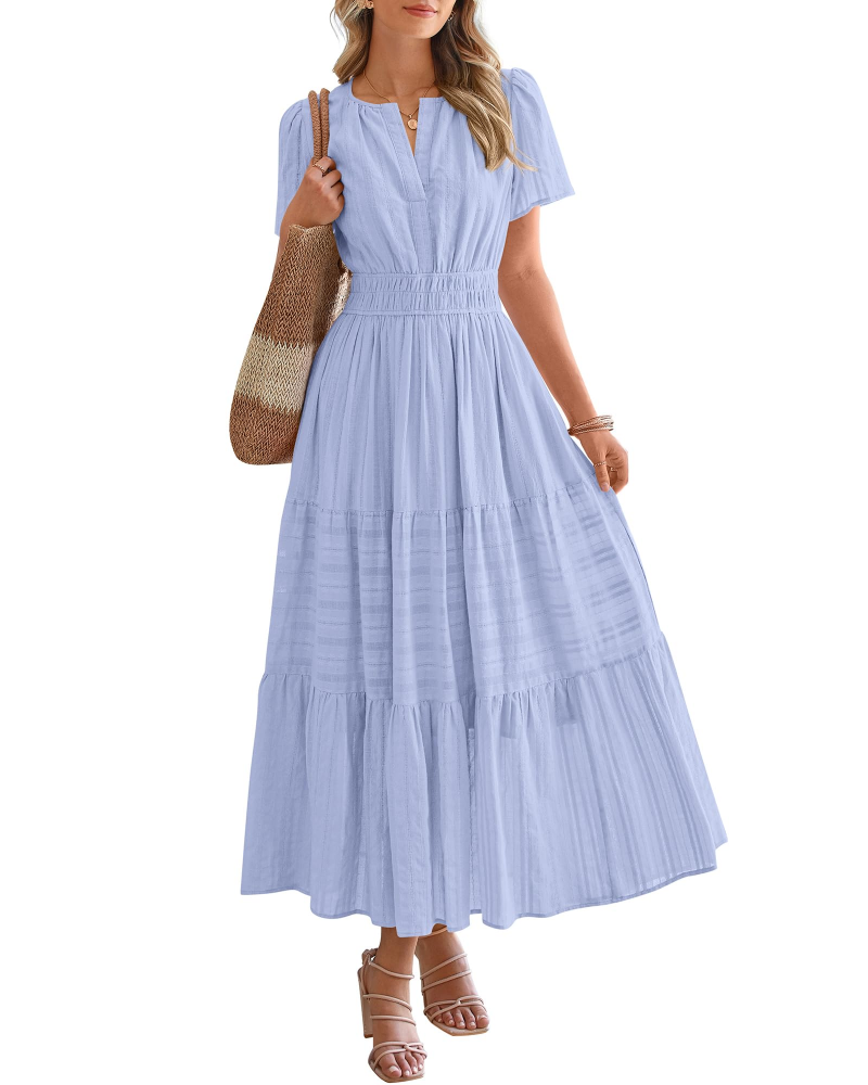 Eliza Women's Dress – Bohemian Maxi Dress with V-Neck, Short Sleeves, Elastic Waist, Flowing Fabric, Pockets
