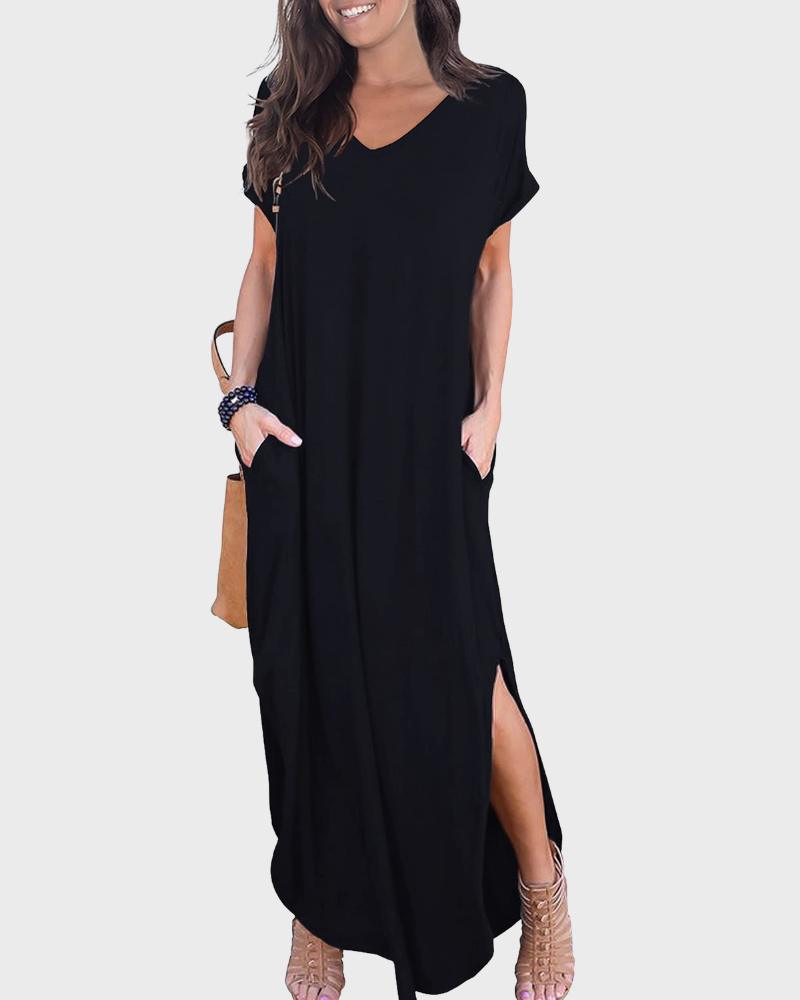 Rosenda Damen Maxikleid – V-Ausschnitt, Kurzarm, Fließender Schnitt & Schlitz mit Taschen Sommer