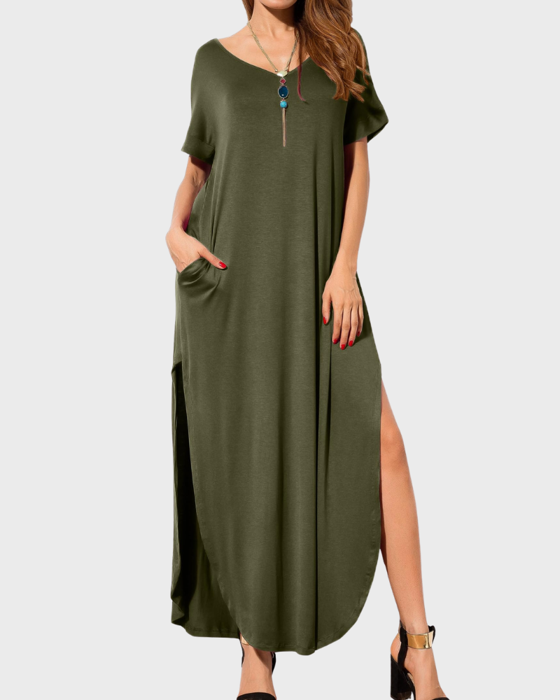 Rosenda Damen Maxikleid – V-Ausschnitt, Kurzarm, Fließender Schnitt & Schlitz mit Taschen Sommer