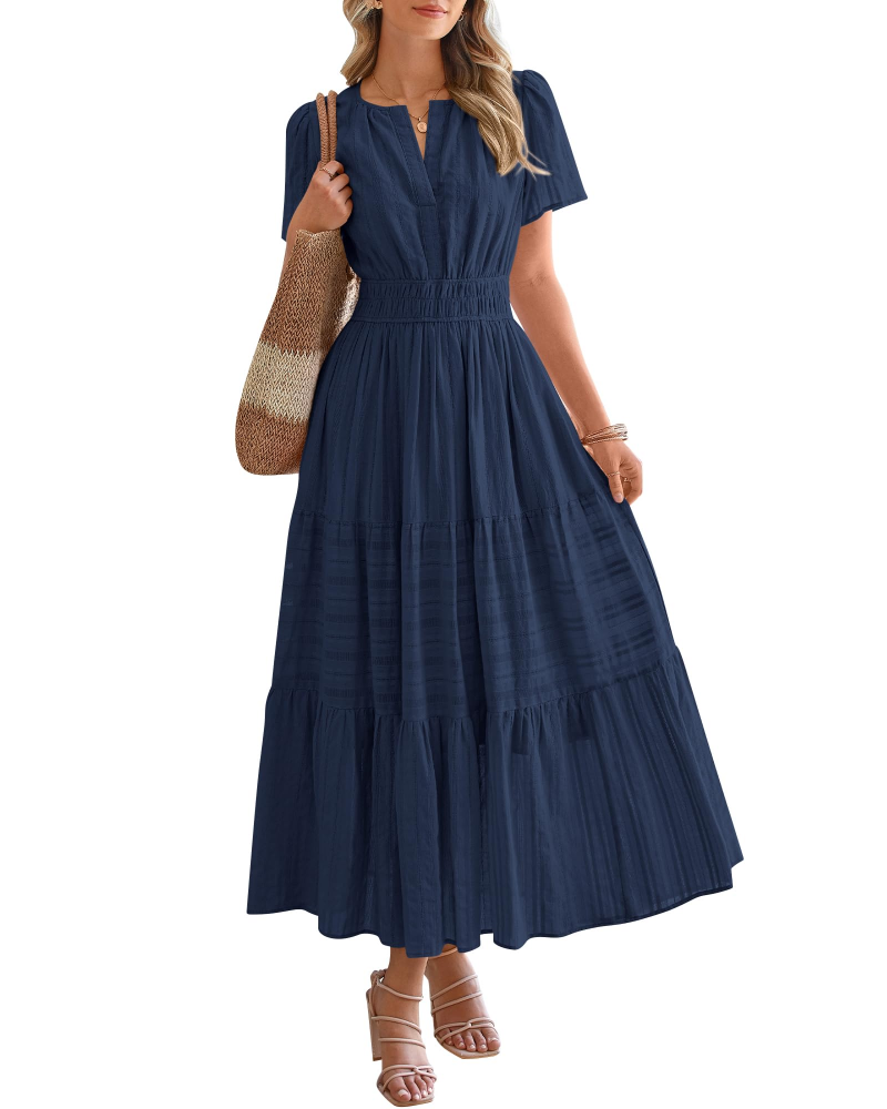 Eliza Women's Dress – Bohemian Maxi Dress with V-Neck, Short Sleeves, Elastic Waist, Flowing Fabric, Pockets