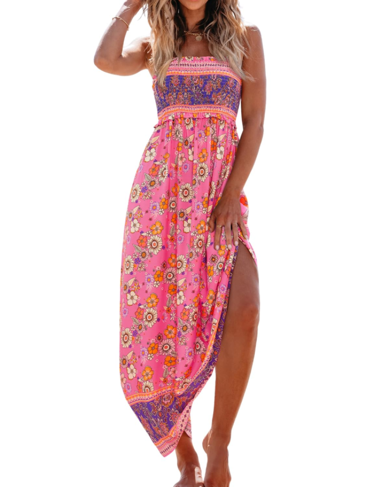 Jheda Abito Lungo Donna – Abito Maxi Floreale Arricciato Spalline Sottili Volant Boho Chic Estate