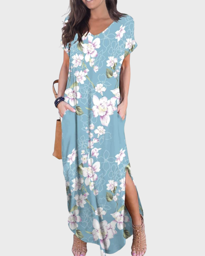 Rosenda Damen Maxikleid – V-Ausschnitt, Kurzarm, Fließender Schnitt & Schlitz mit Taschen Sommer