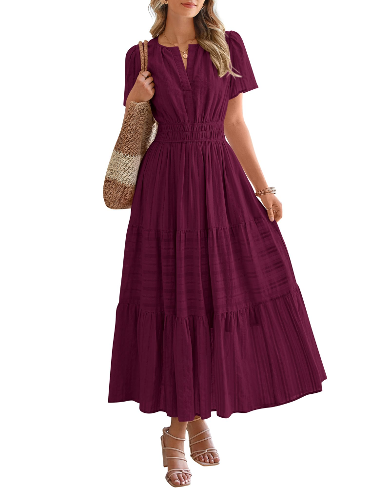 Eliza Women's Dress – Bohemian Maxi Dress with V-Neck, Short Sleeves, Elastic Waist, Flowing Fabric, Pockets