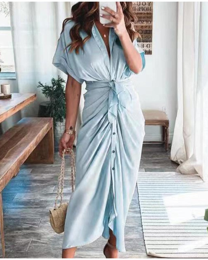 Mona Maxi saténové šaty pro ženy – překládané šaty s rozparkem a večerní elegancí