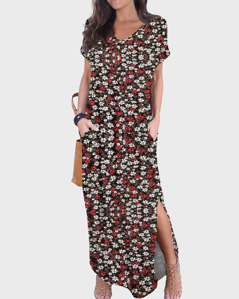 Rosenda Damen Maxikleid – V-Ausschnitt, Kurzarm, Fließender Schnitt & Schlitz mit Taschen Sommer
