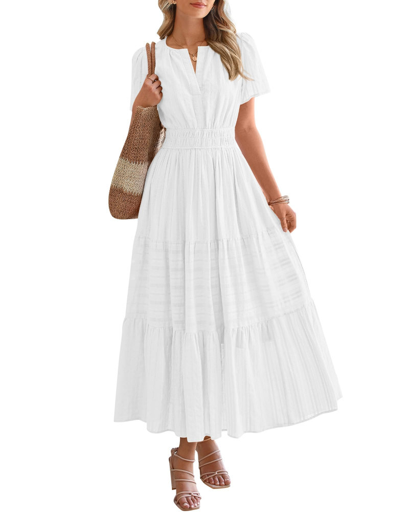 Eliza Women's Dress – Bohemian Maxi Dress with V-Neck, Short Sleeves, Elastic Waist, Flowing Fabric, Pockets