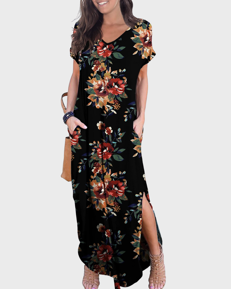 Rosenda Damen Maxikleid – V-Ausschnitt, Kurzarm, Fließender Schnitt & Schlitz mit Taschen Sommer
