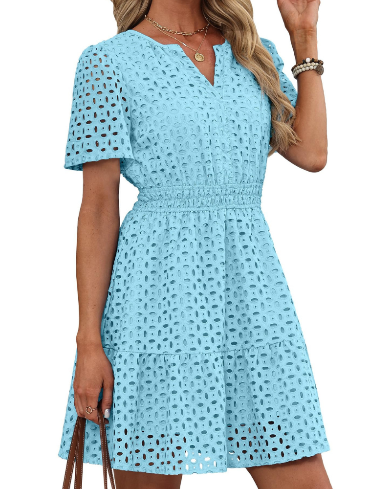 Robe Hedwig Mulher – Decote em V com Renda Bordada, Mangas Curtas & Corte Mini Cintura Alta Verão